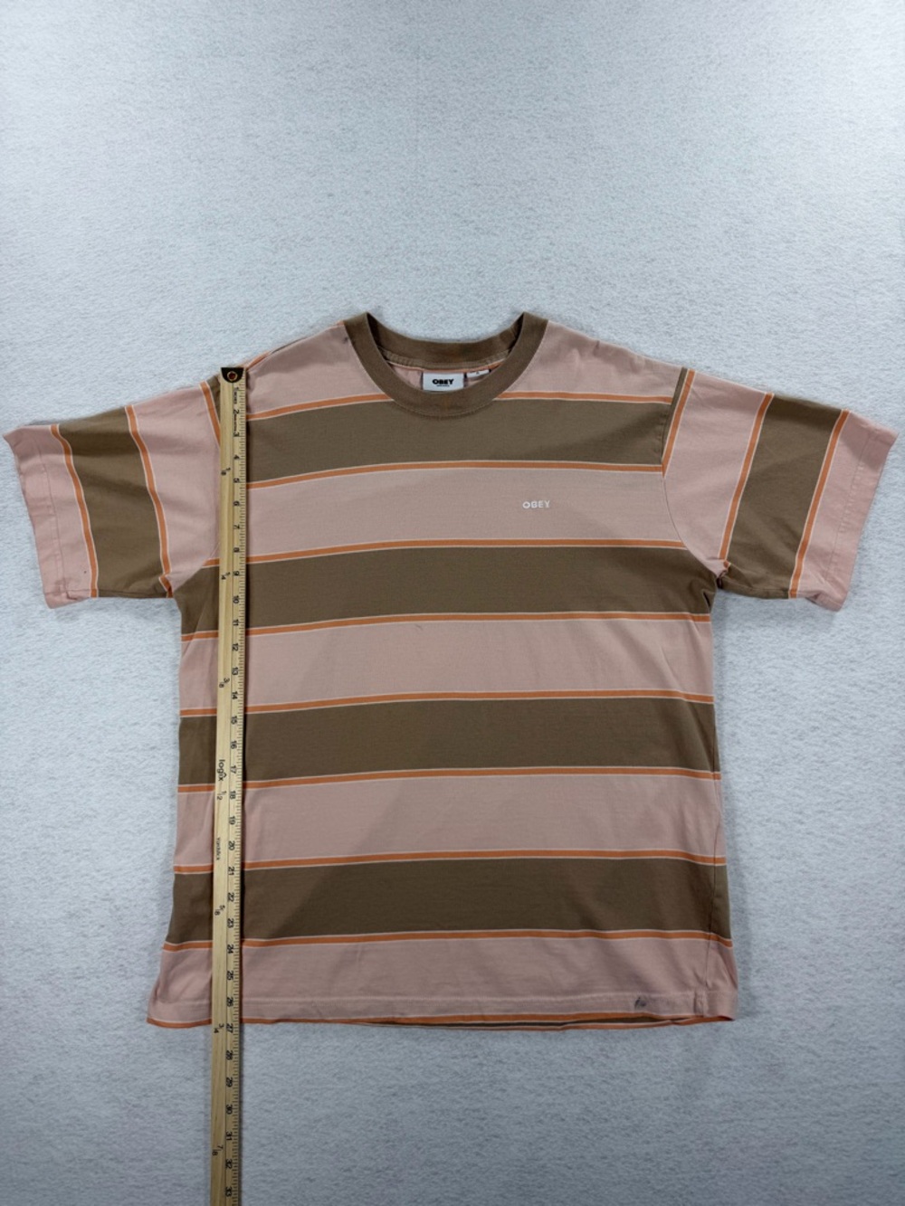 Obey Men’s Pink and Tan Striped Crew Tee Sz XL - Picture 3 of 8